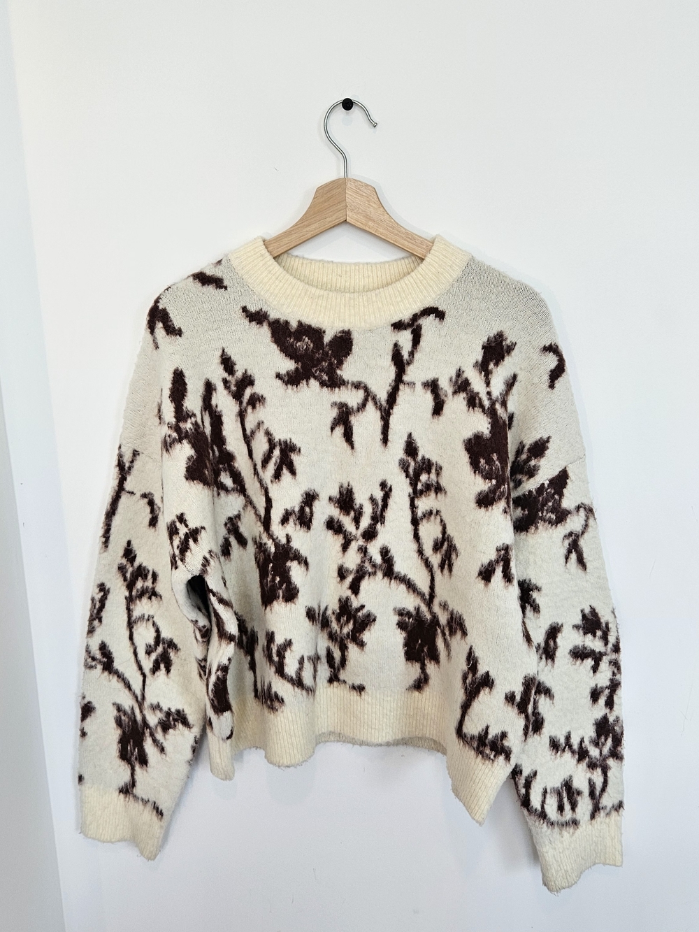 Cream Floral Crewneck Sweater - Classic Cozy Knit